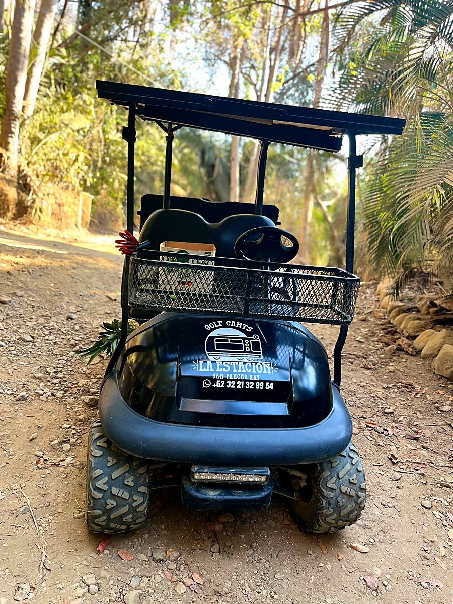 Carrito de golf de La Estación con canasta frontal en un camino de terracería entre palmeras